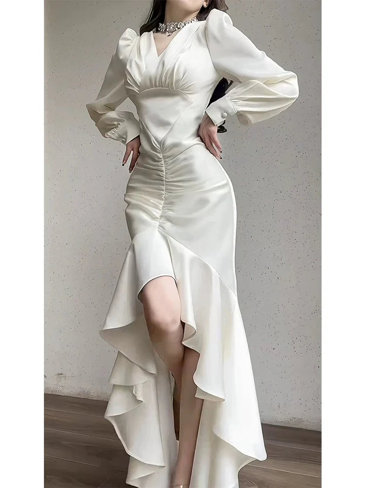 TingPo Wholesale Classy High Low V Neckline Ankle Length White Prom Dresses Evening Dress